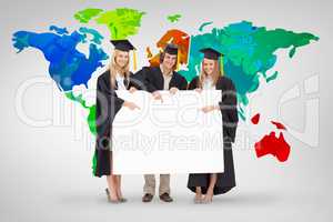 Composite image of three students in graduate robe holding and p