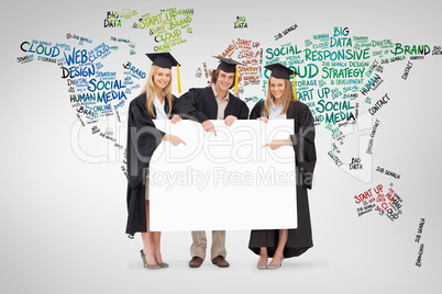 Composite image of three students in graduate robe holding and p