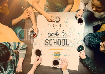 Composite image of people sitting around table drinking coffee