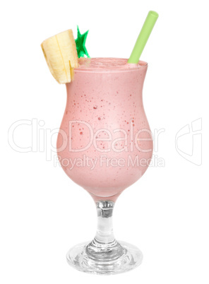 Pink cocktail with banana isolated on white