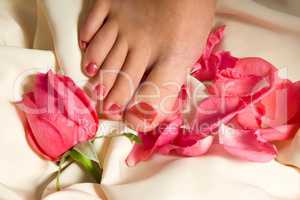 Woman pedicure arranged with rose and leafs