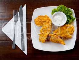 Fried chicken meat on plate, proper for menu design