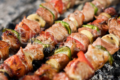 Delicious grilled meat skewers. Food on grill.