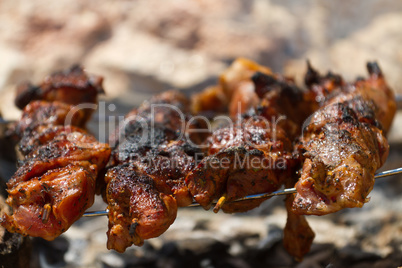 Pork skewers on wooden coals
