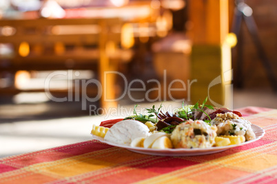 Gourmet food shot with restaurant background. Proper for menu design - cover and pages.