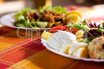 Gourmet food shot with restaurant background. Proper for menu design - cover and pages.