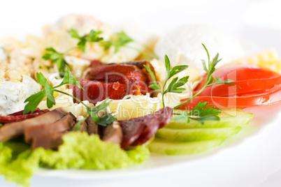 Gourmet food shot with restaurant background. Proper for menu design - cover and pages.