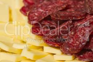 Sliced meat appetizers and cheese in plate