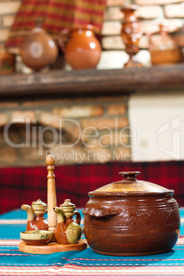 Old village tavern. Rural interior of table with cup of gourmet meal and blur background.