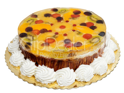 Cake with banana, oranges, kiwi and jelly