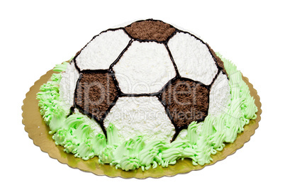 Football cake with chocolate and cream. Win celebrating with special cake.