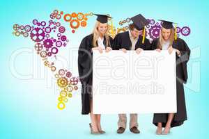 Composite image of three smiling students in graduate robe holdi