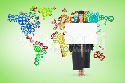 Composite image of full length of a woman holding a blank sheet