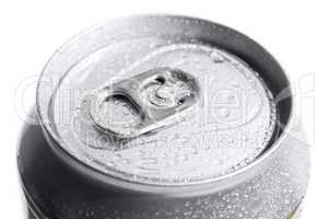 Close-up of metallic beer or soda can on white background. Metal can shoot from top.