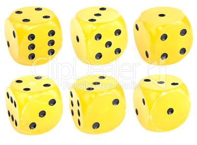 Yellow dice isolated over white. All numbers.