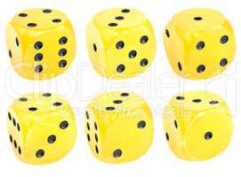 Yellow dice isolated over white. All numbers.