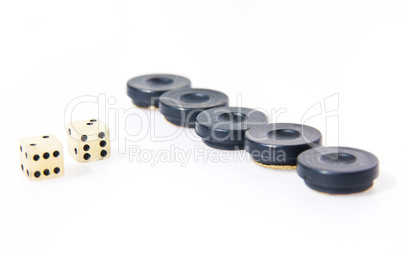 Backgammon dice and pieces isolated on white