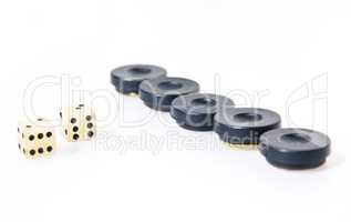Backgammon dice and pieces isolated on white
