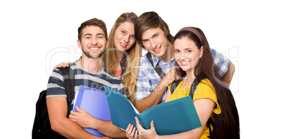 Composite image of students holding folders at college corridor