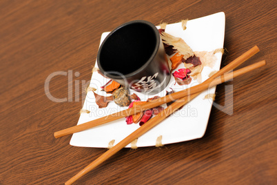 Chinese decoration cup and chopsticks. Proper for chinese restaurant decoration.