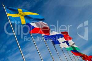 European flags against blue sky