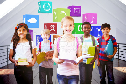 Composite image of smiling little school kids in school corridor