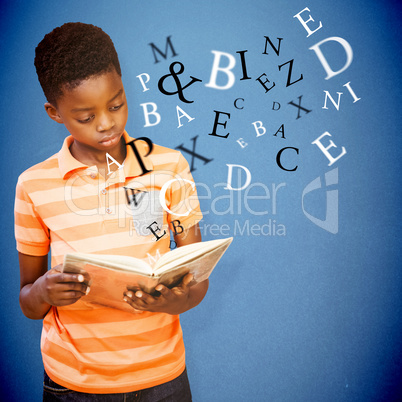 Composite image of cute boy reading book in library Composite image of cute boy reading book in library