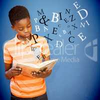 Composite image of cute boy reading book in library