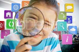 Composite image of cute little girl looking through magnifying g