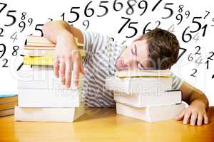Composite image of student asleep in the library