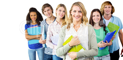 Composite image of college students holding folders at college