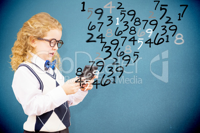 Composite image of cute pupil with calculator
