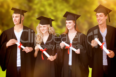 Composite image of group of people celebrating after graduation