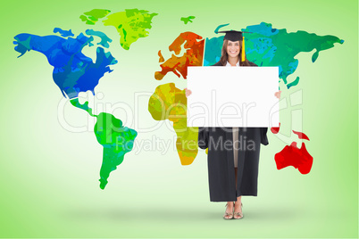 Composite image of full length of a woman holding a blank sheet