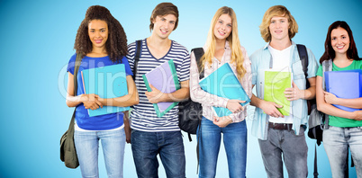 Composite image of happy college students holding folders