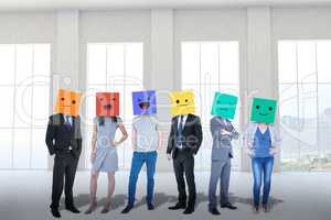 Composite image of people with boxes on their heads