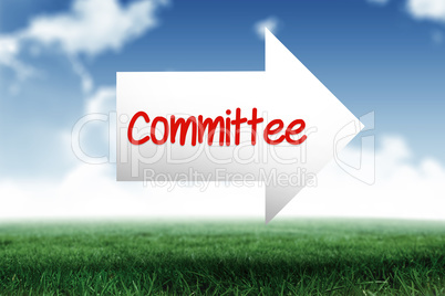 Committee against blue sky over green field