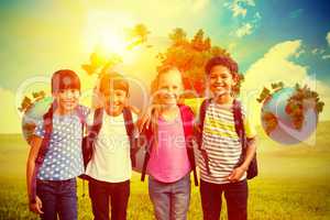 Composite image of happy friends smiling at camera