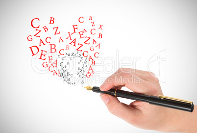 Composite image of businesswomans hand writing with fountain pen