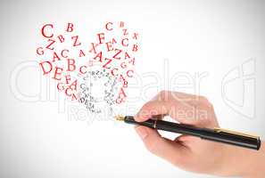 Composite image of businesswomans hand writing with fountain pen