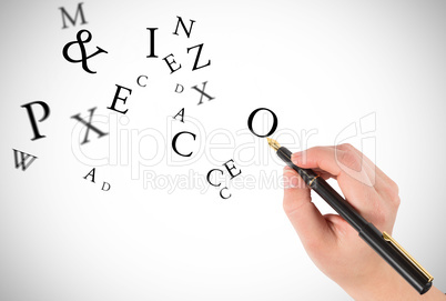 Composite image of businesswomans hand writing with fountain pen