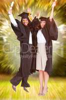 Composite image of full length of two women celebrating in the a