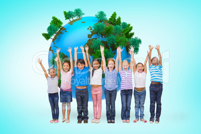 Composite image of cute pupils smiling at camera in classroom