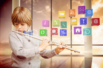 Composite image of cute pupil playing flute