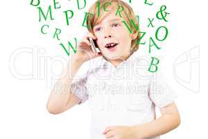 Composite image of cute boy talking on smartphone