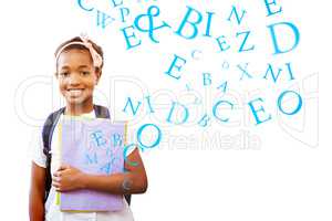 Composite image of little girl holding folders in school corrido