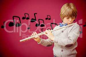 Composite image of cute pupil playing flute