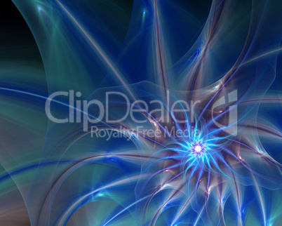 Abstract fractal design. Blue spiral star in dark.