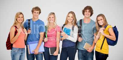 Composite image of smiling students wearing backpacks and holdin