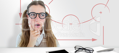 Composite image of female geeky hipster looking confused